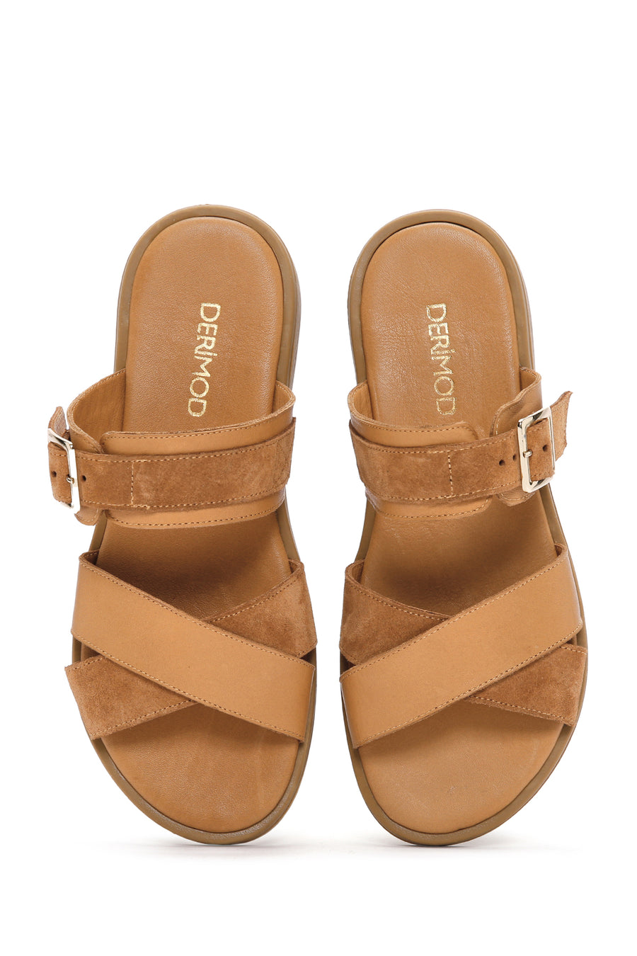Women's Tan Buckle Leather Slippers