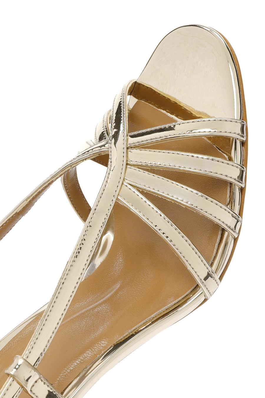 Women's Gold Ankle Buckle Thin Heel Leather Metallic Sandals
