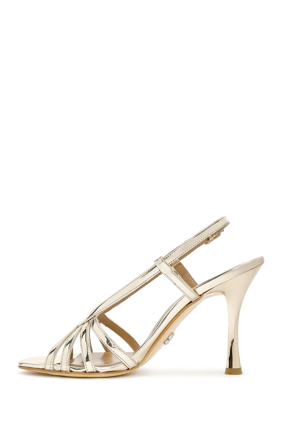 Women's Gold Ankle Buckle Thin Heel Leather Metallic Sandals