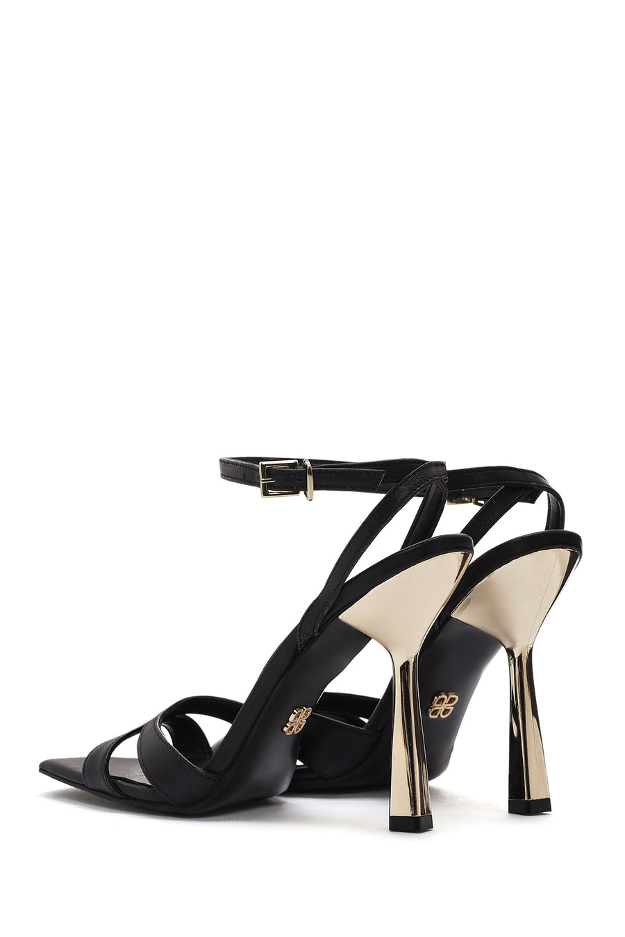 Women's Black Ankle Strap Thin Heeled Leather Sandals
