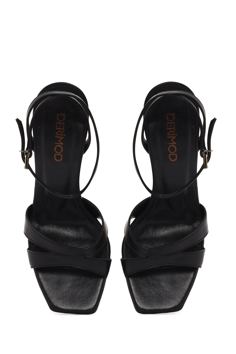 Women's Black Ankle Strap Thin Heeled Leather Sandals