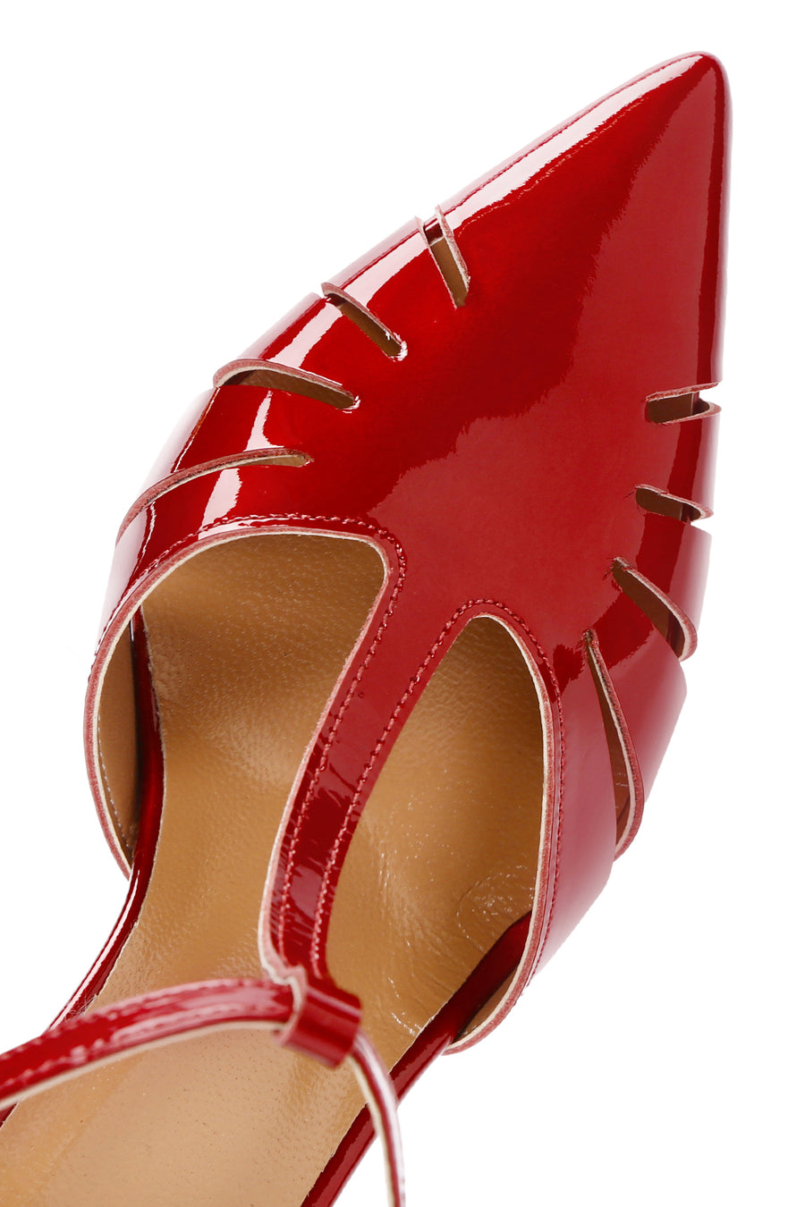 Women's Red Ankle Strap Open Back Thin Heeled Patent Leather Shoes