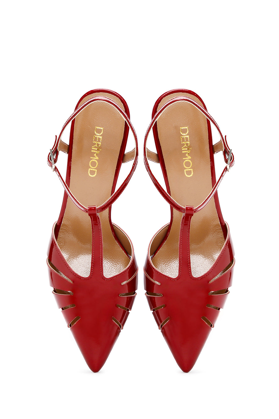 Women's Red Ankle Strap Open Back Thin Heeled Patent Leather Shoes