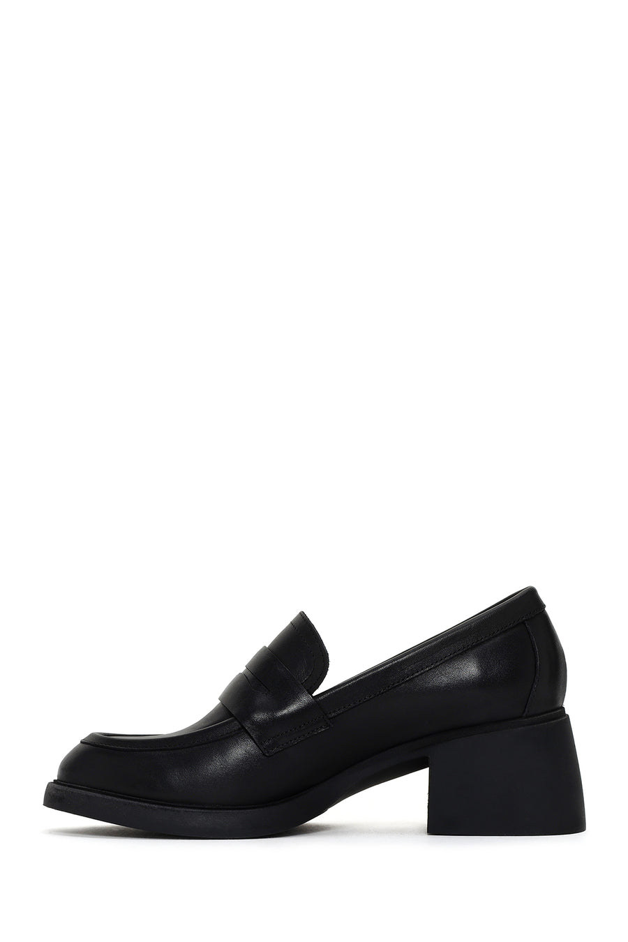 Women's Black Thick Heeled Leather Masculine Loafer