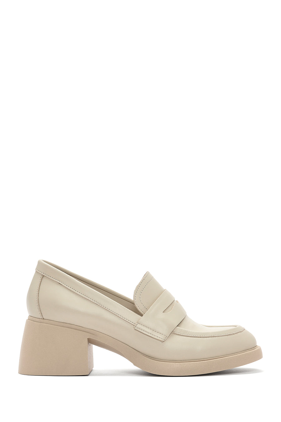 Women's Cream Thick Heeled Leather Masculine Loafer