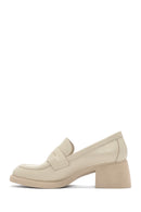 Women's Cream Thick Heeled Leather Masculine Loafer | Derimod