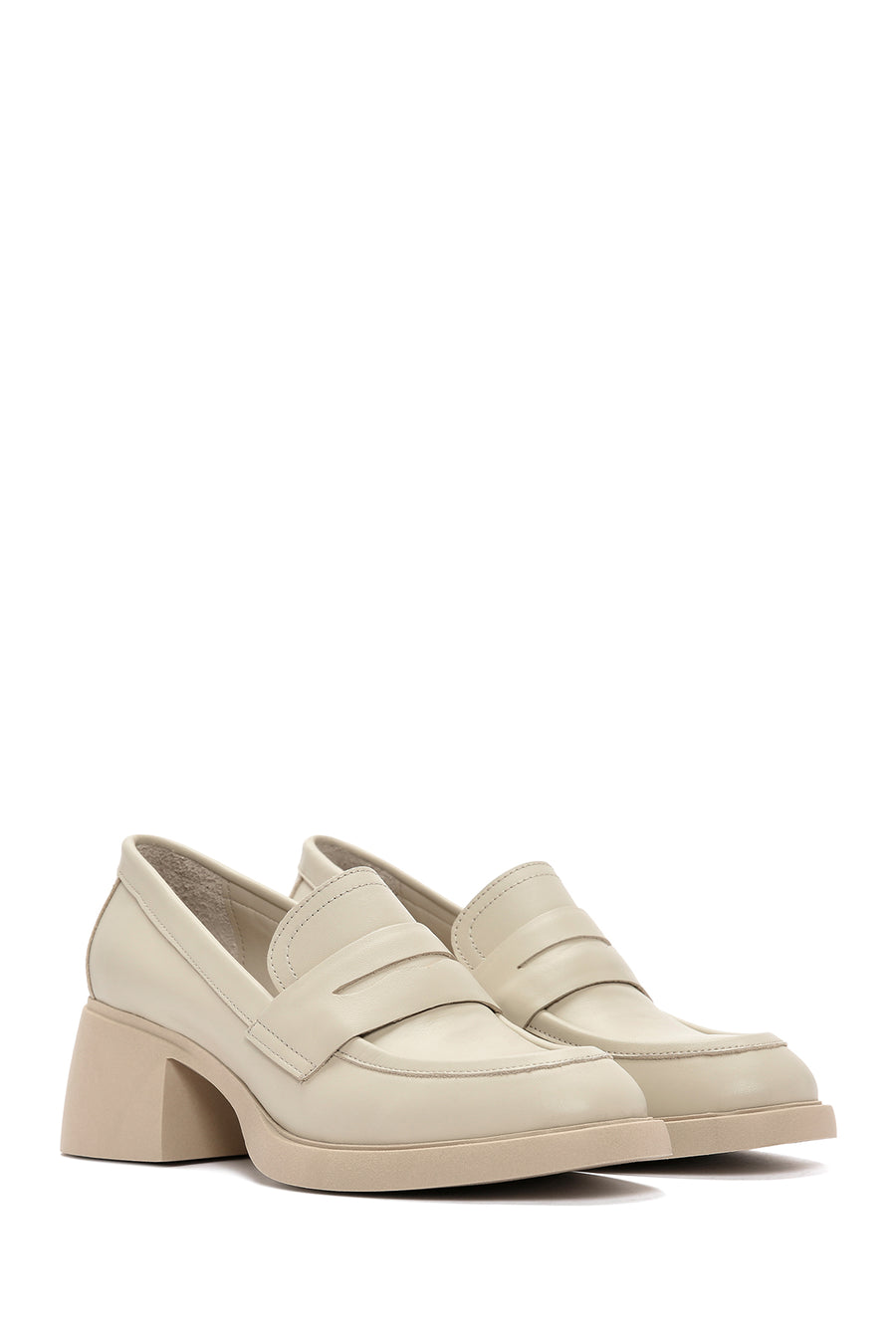 Women's Cream Thick Heeled Leather Masculine Loafer