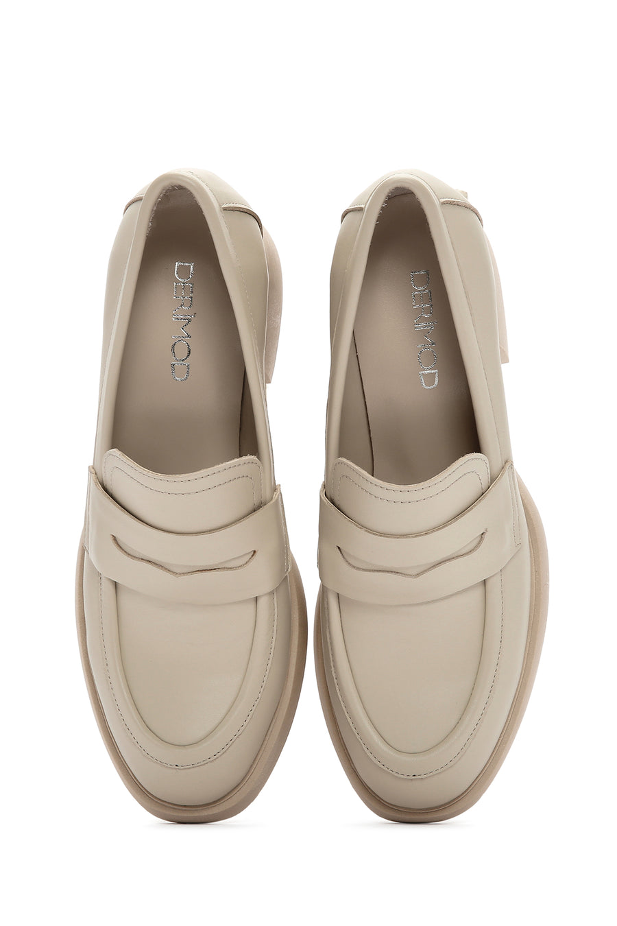 Women's Cream Thick Heeled Leather Masculine Loafer