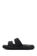 Women's Black Double Buckle Straw Leather Slippers | Derimod