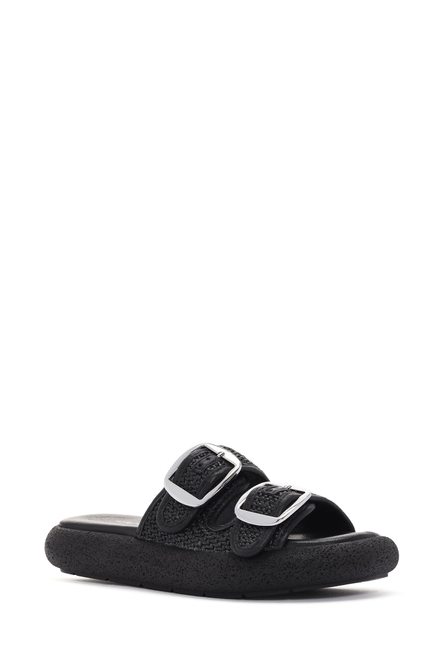 Women's Black Double Buckle Straw Leather Slippers