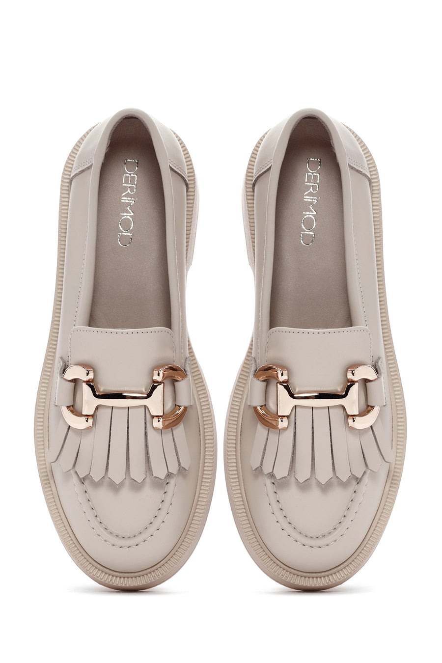 Kadın Krem Püsküllü Deri Casual Loafer
