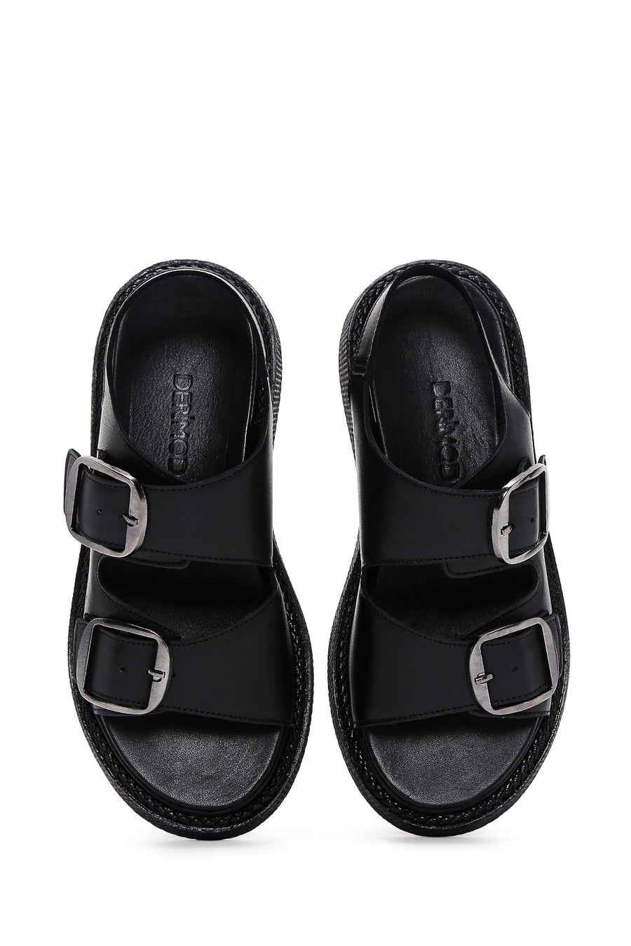 Kadın Siyah Çift Tokalı Deri Comfort Sandalet