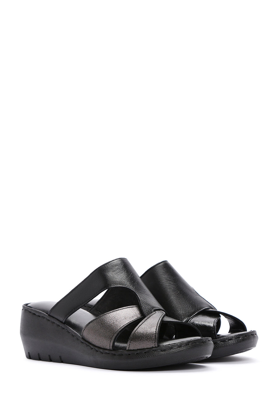 Women's Black Wedge Heeled Leather Comfort Slippers