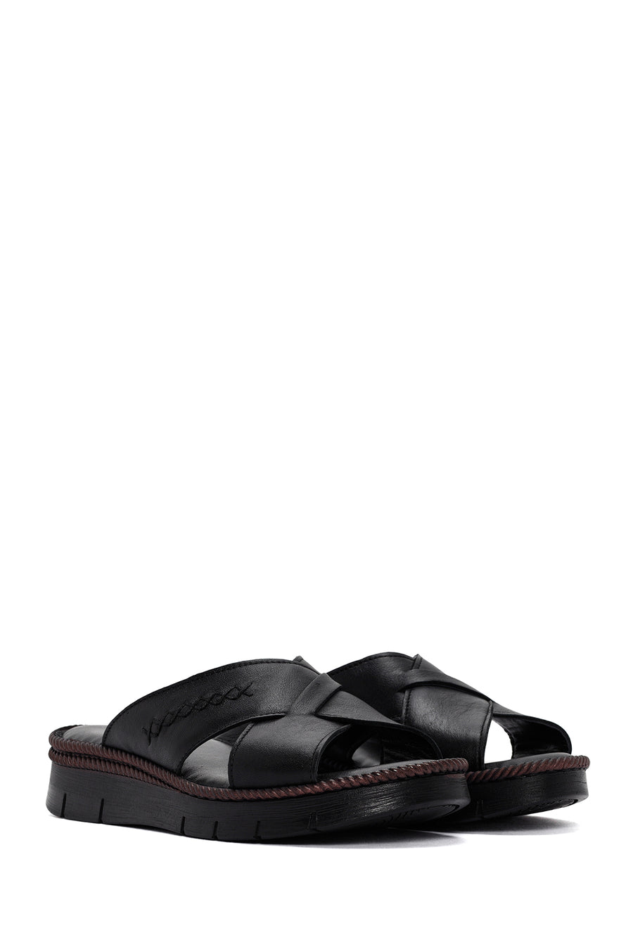 Women's Black Leather Comfort Slippers