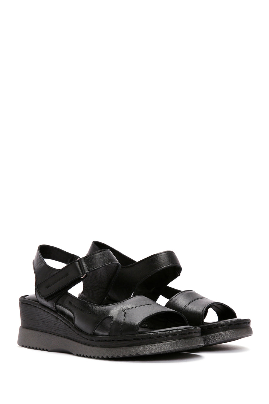Women's Black Thick Sole Ankle Strap Leather Comfort Sandals