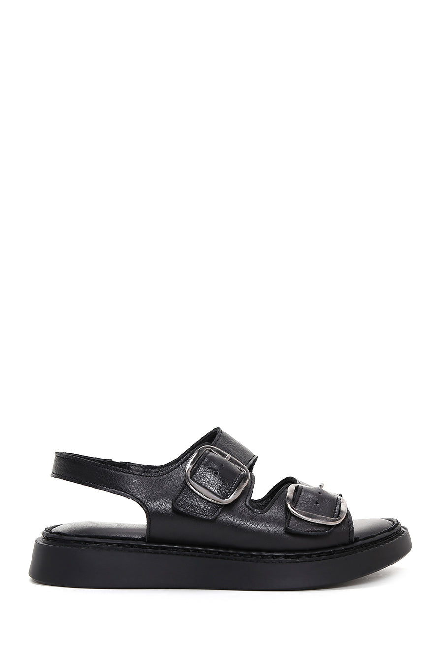 Women's Black Ankle Strap Double Buckle Leather Comfort Sandals 24SFD340818 | Derimod