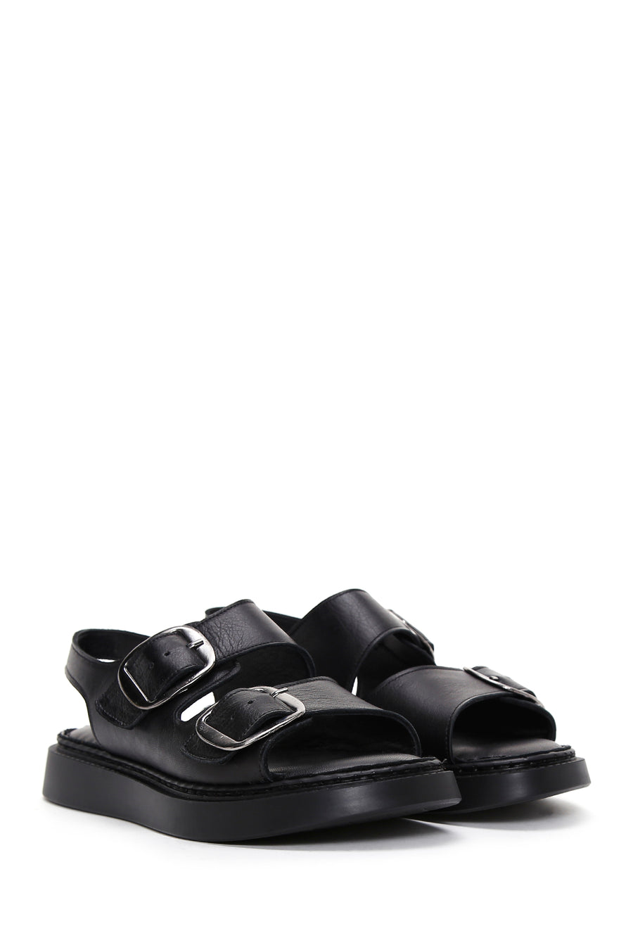Women's Black Ankle Strap Double Buckle Leather Comfort Sandals