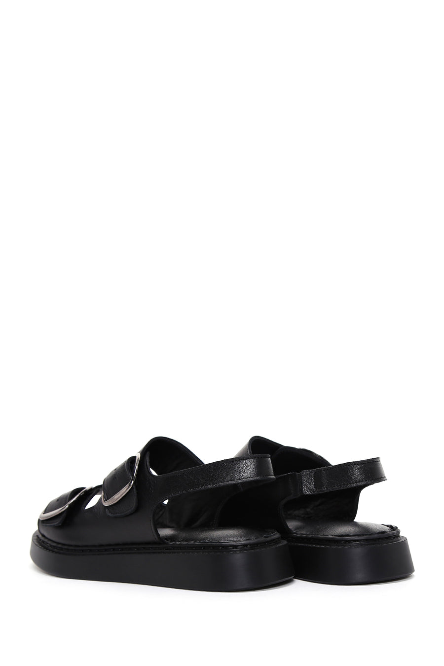 Women's Black Ankle Strap Double Buckle Leather Comfort Sandals