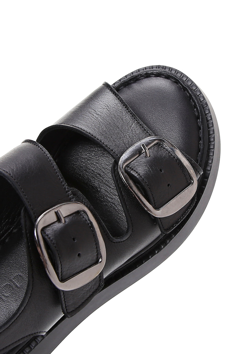 Women's Black Ankle Strap Double Buckle Leather Comfort Sandals