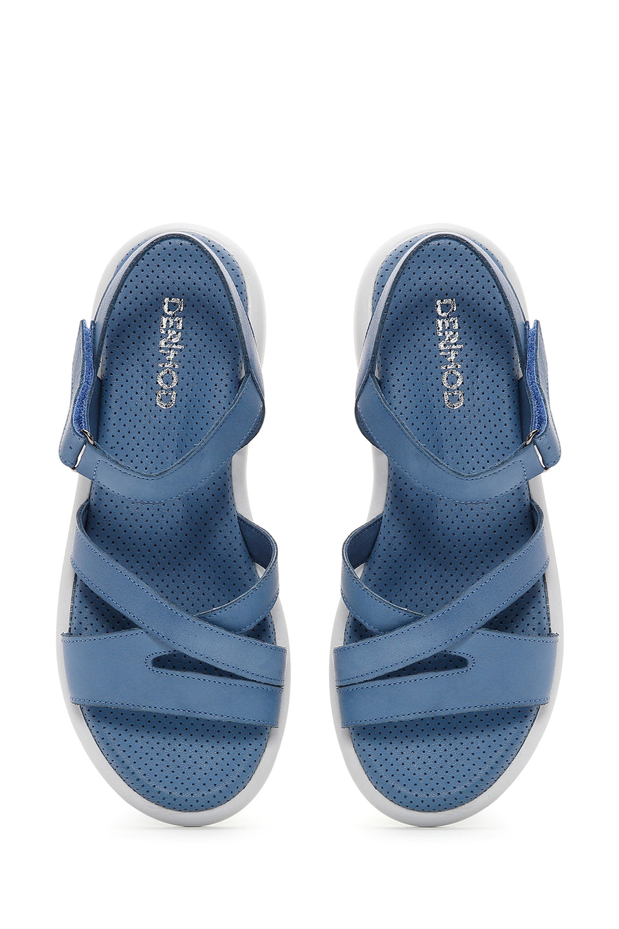 Kadın Mavi Bilekten Bantlı Deri Comfort Sandalet
