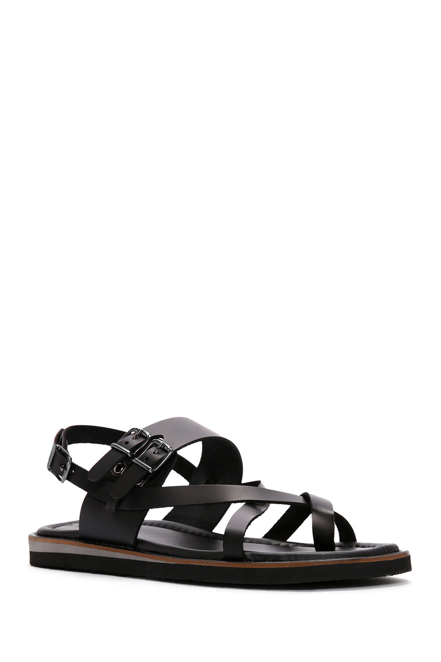 Women's Black Ankle Strap Flip Flop Leather Comfort Sandals