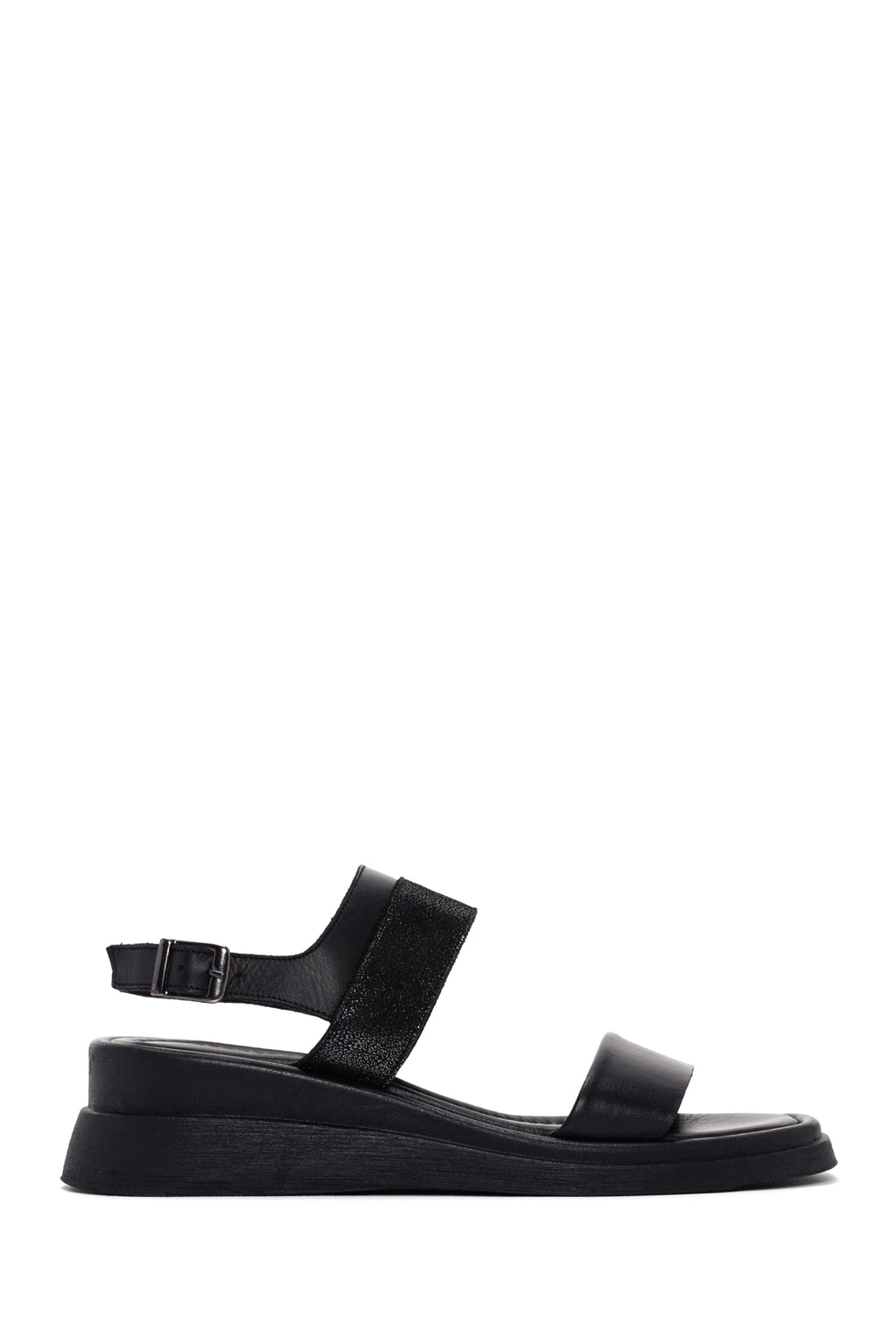 Kadın Siyah Bilekten Bantlı Deri Comfort Sandalet