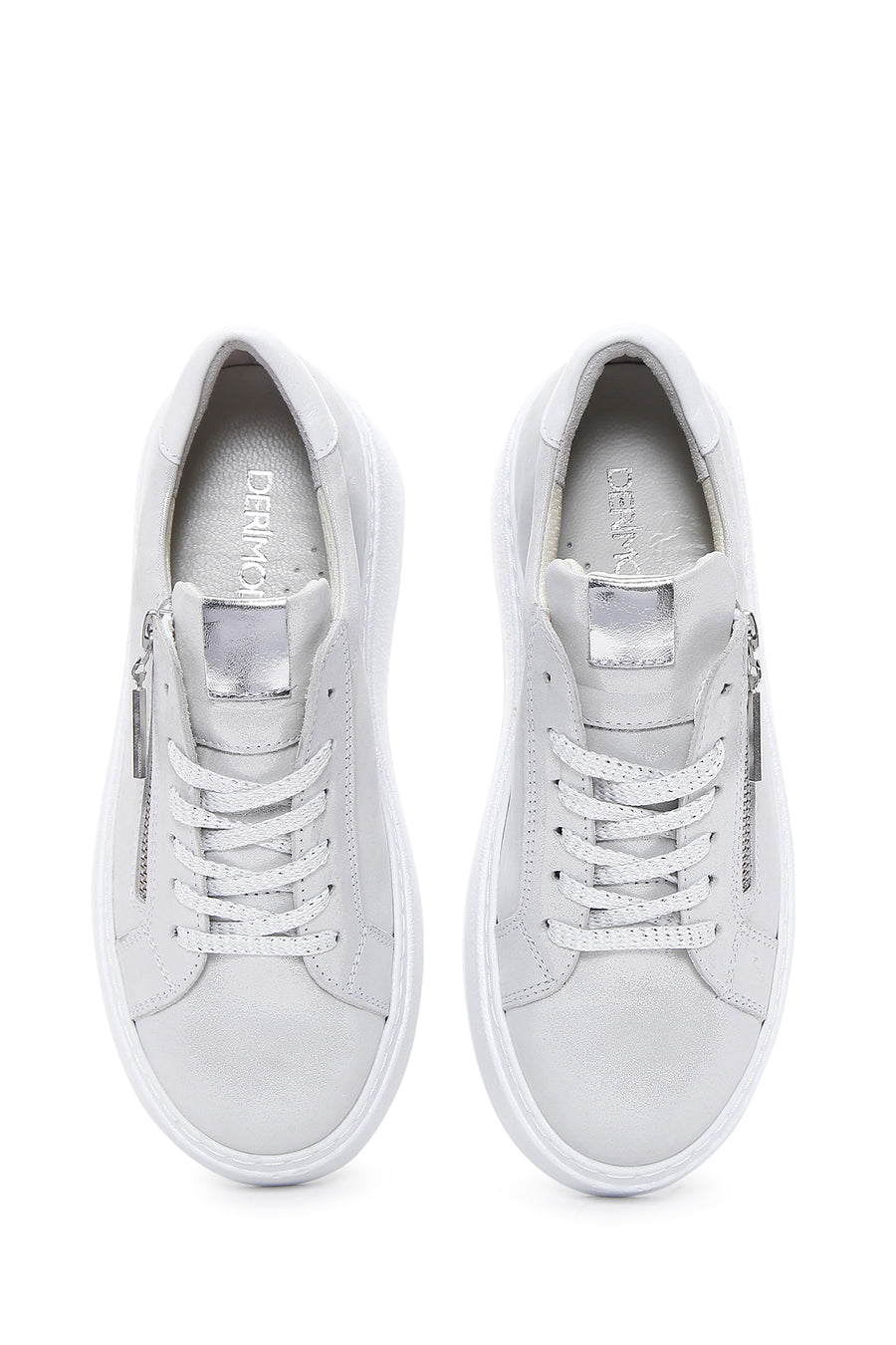 Kadın Gümüş Kalın Tabanlı Yandan Fermuarlı Deri Sneaker