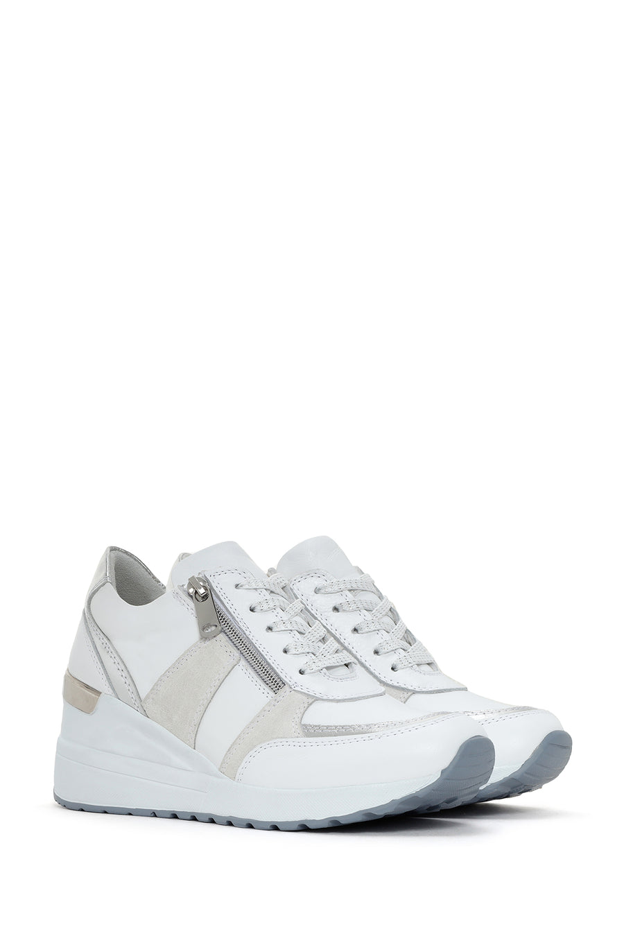 Women's White Wedge Heeled Side Zipper Suede Leather Sports Shoes