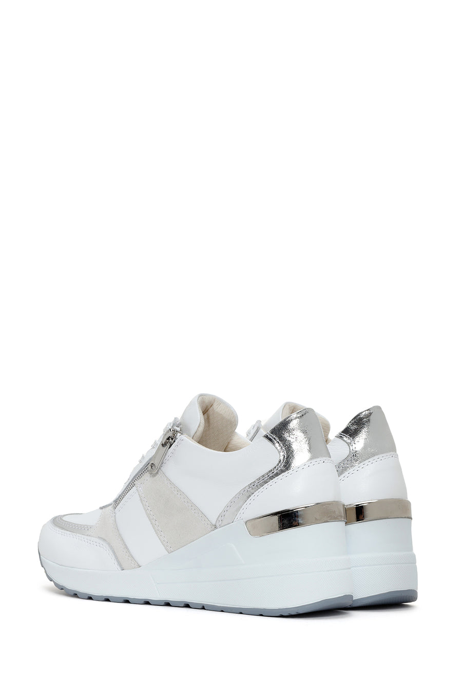 Women's White Wedge Heeled Side Zipper Suede Leather Sports Shoes