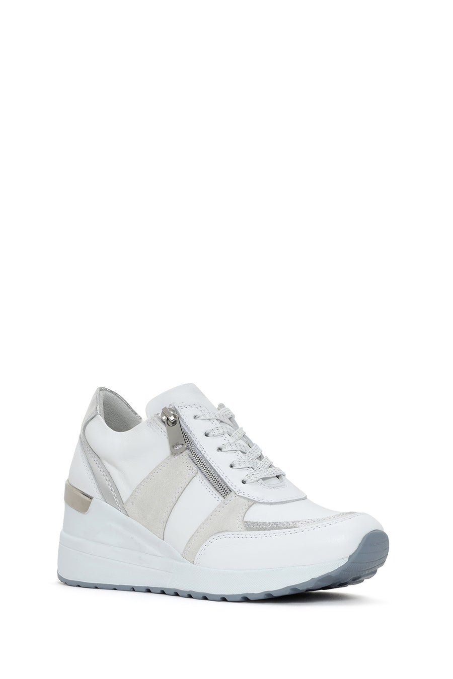 Women's White Wedge Heeled Side Zipper Suede Leather Sports Shoes
