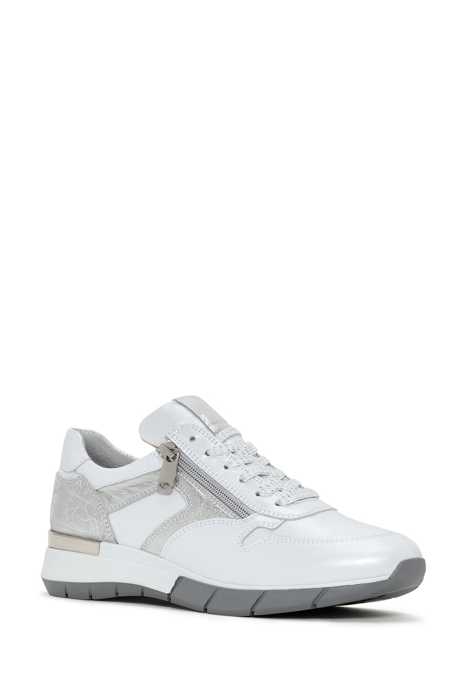 Kadın Beyaz Bağcıklı Yandan Fermuarlı Deri Sneaker