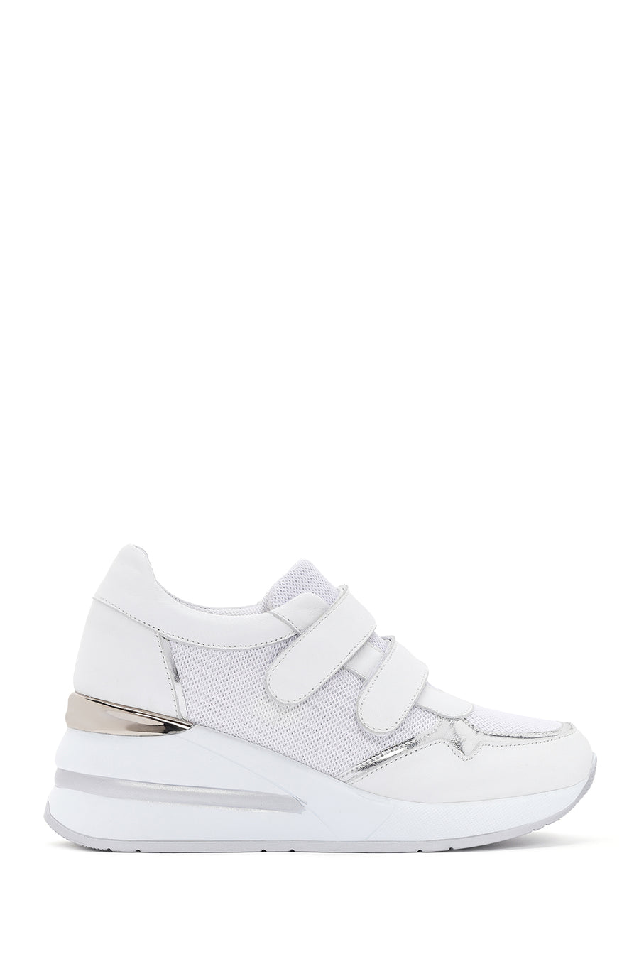 Women's White Thick Heeled Banded Leather Sneaker 24SFD420714 | Derimod