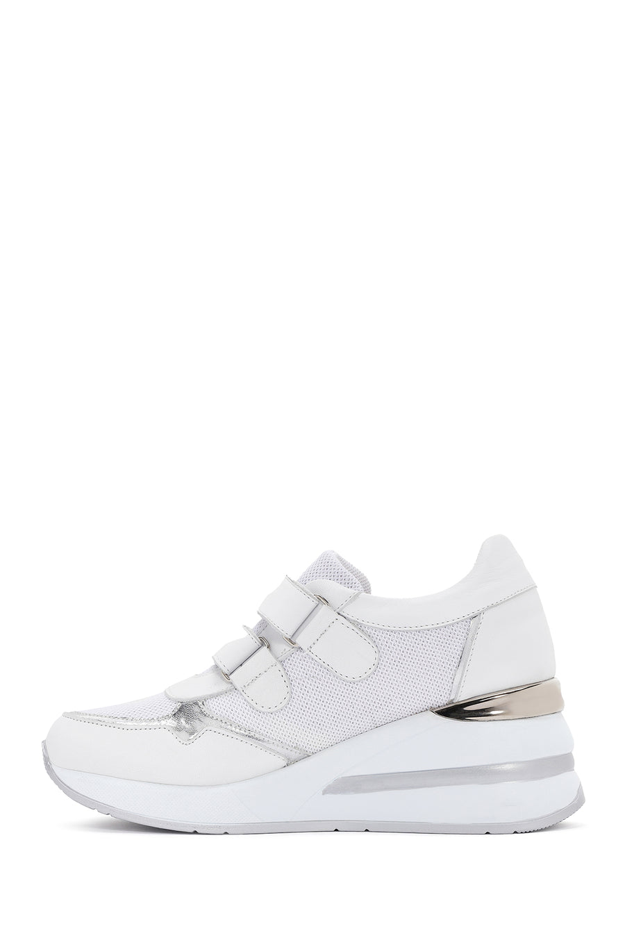 Women's White Thick Heeled Banded Leather Sneaker