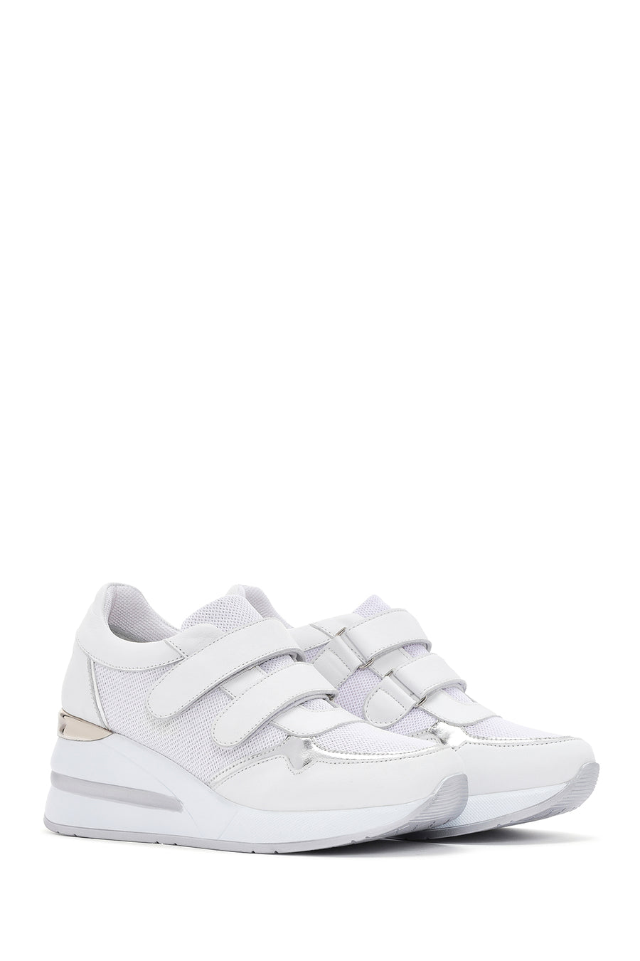 Women's White Thick Heeled Banded Leather Sneaker