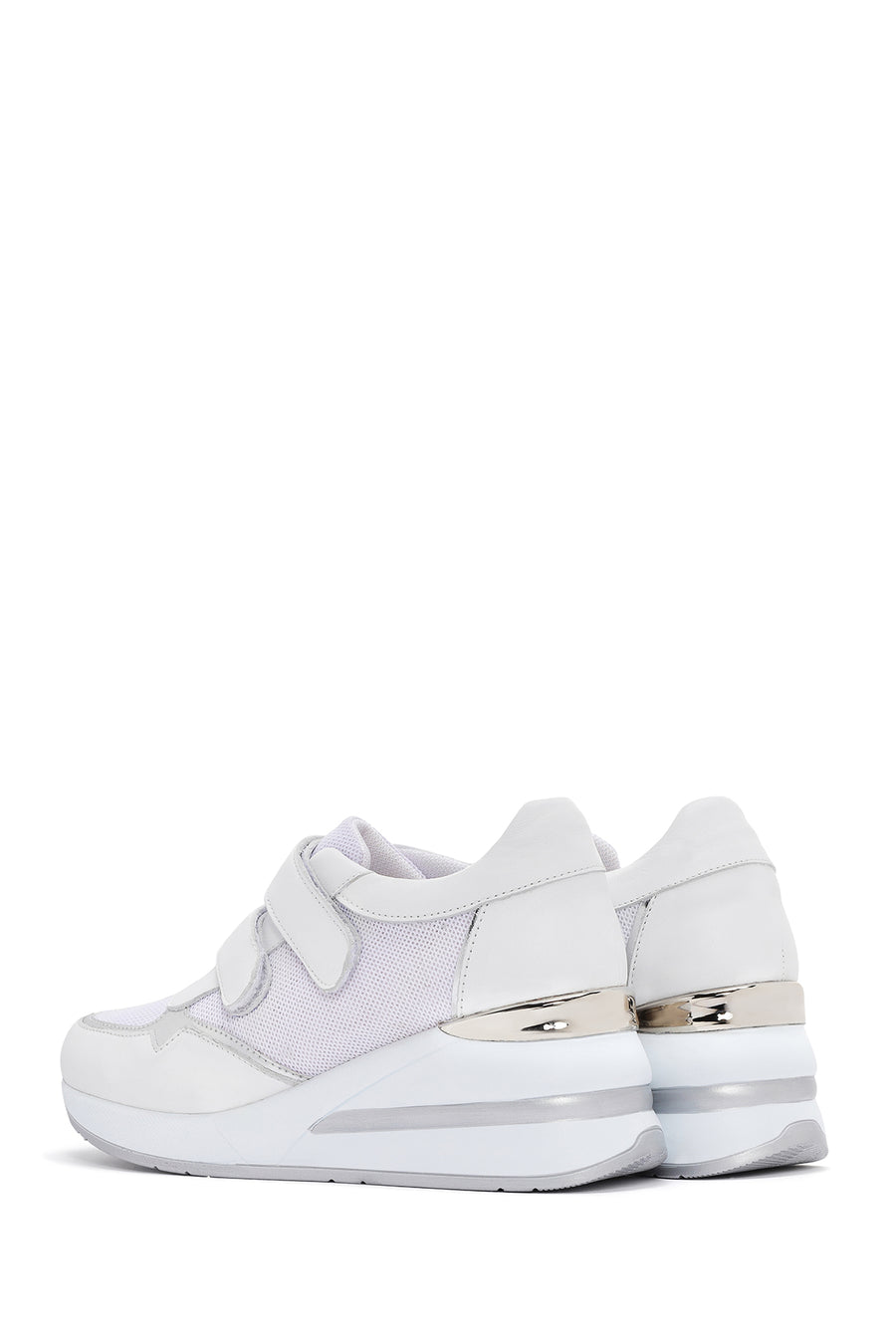 Women's White Thick Heeled Banded Leather Sneaker