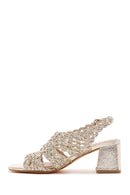 Women's Gold Ankle Strap Metallic Heeled Knit Pattern Sandals | Derimod