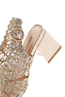 Women's Gold Ankle Strap Metallic Heeled Knit Pattern Sandals | Derimod
