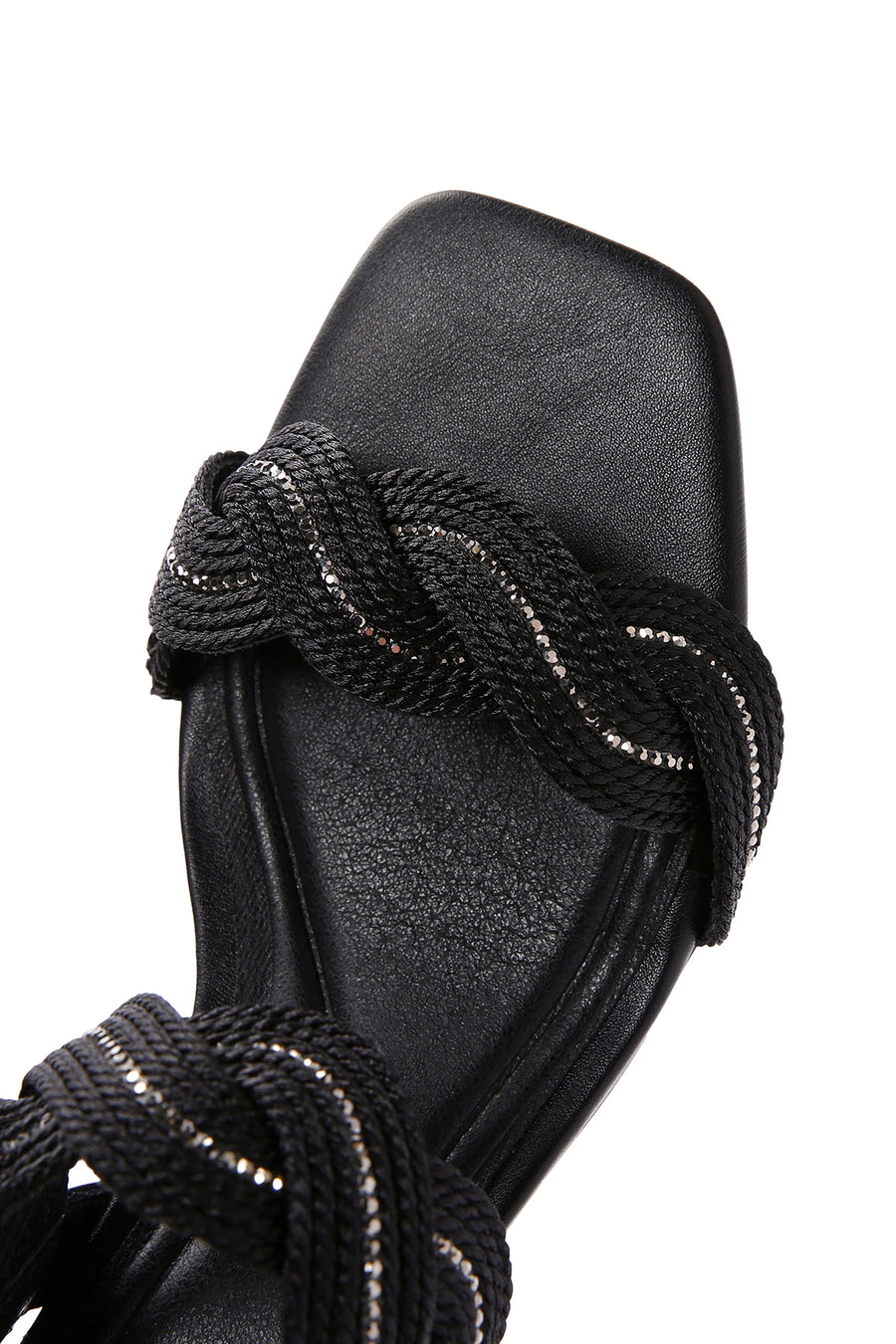 Women's Black Ankle Strap Thick Mid Heel Knitted Pattern Sandals