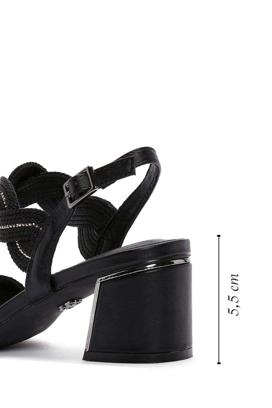 Women's Black Ankle Strap Thick Mid Heel Knitted Pattern Sandals