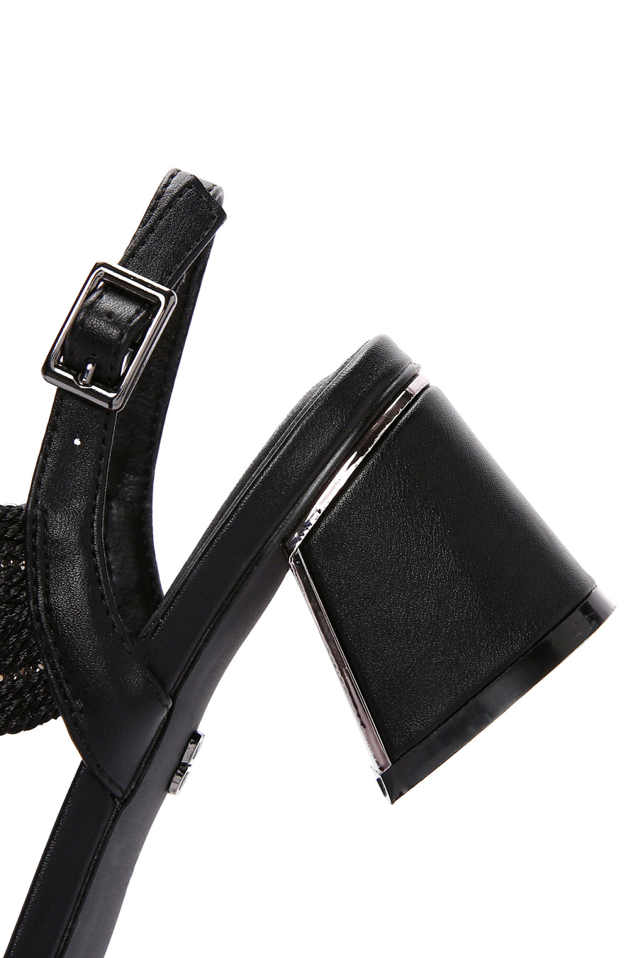 Women's Black Ankle Strap Thick Mid Heel Knitted Pattern Sandals