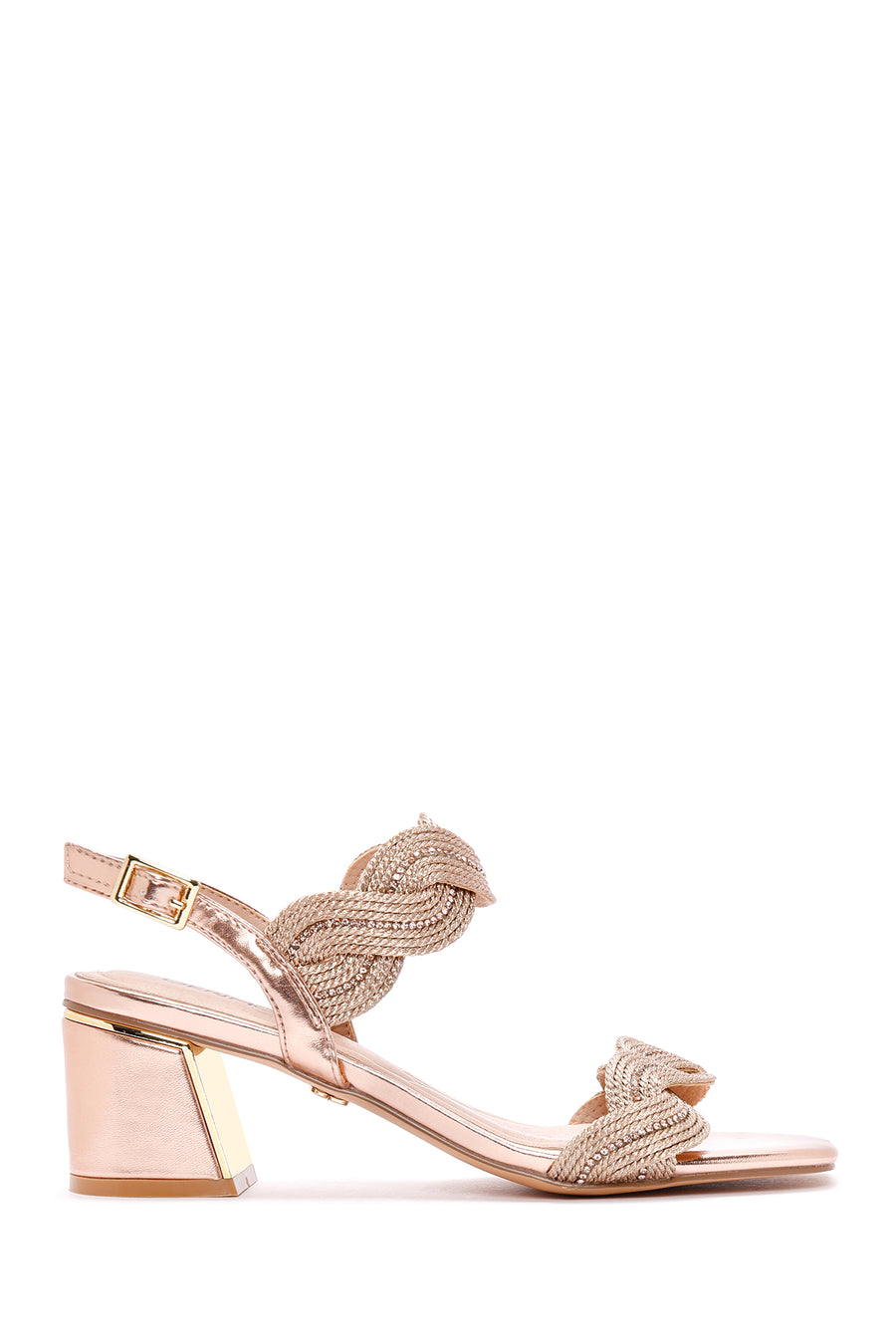 Women's Pink Ankle Strap Thick Mid Heel Knitted Pattern Sandals 24SFD443014 | Derimod