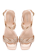Women's Pink Ankle Strap Thick Mid Heel Knitted Pattern Sandals | Derimod