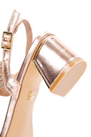 Women's Pink Ankle Strap Thick Mid Heel Knitted Pattern Sandals | Derimod