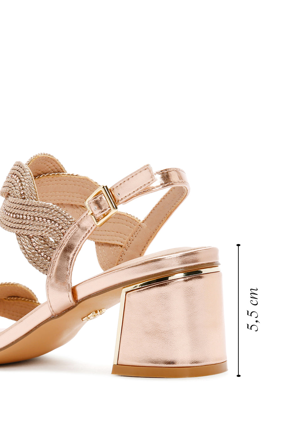 Women's Pink Ankle Strap Thick Mid Heel Knitted Pattern Sandals