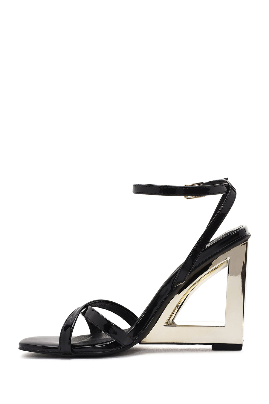 Women's Black Ankle Buckle Platform Heel Patent Leather Sandals