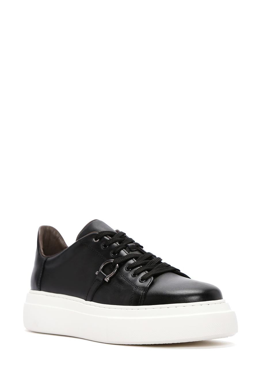 Erkek Siyah Bağcıklı Kalın Tabanlı Deri Sneaker
