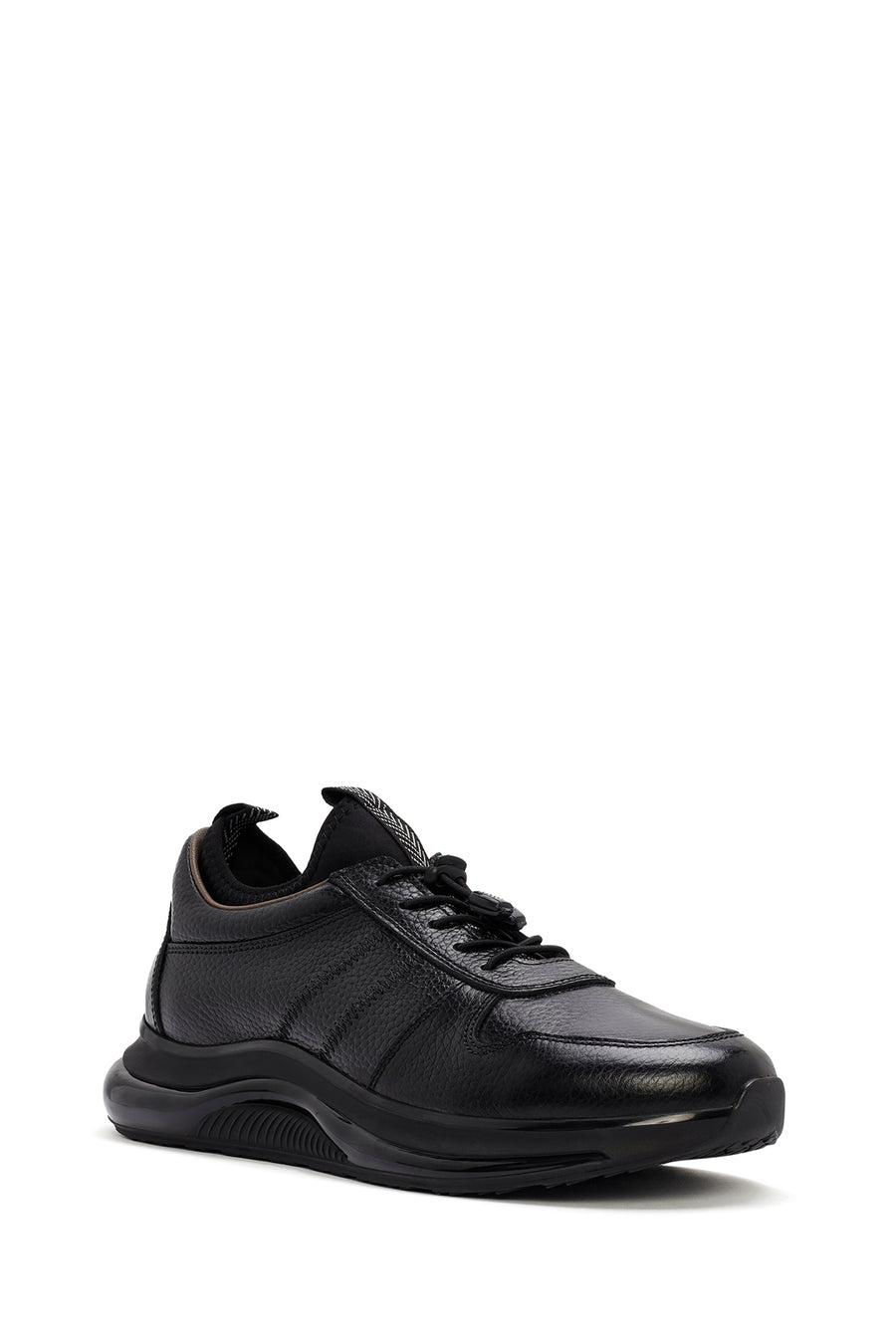 Erkek Siyah Bağcıklı Kalın Tabanlı Deri Sneaker