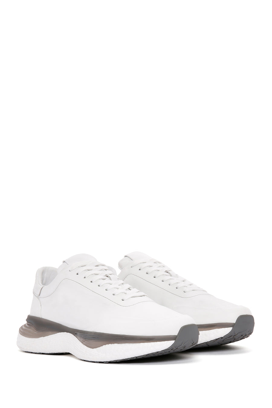 Men's White Lace-up Thick-Sole Leather Sneaker