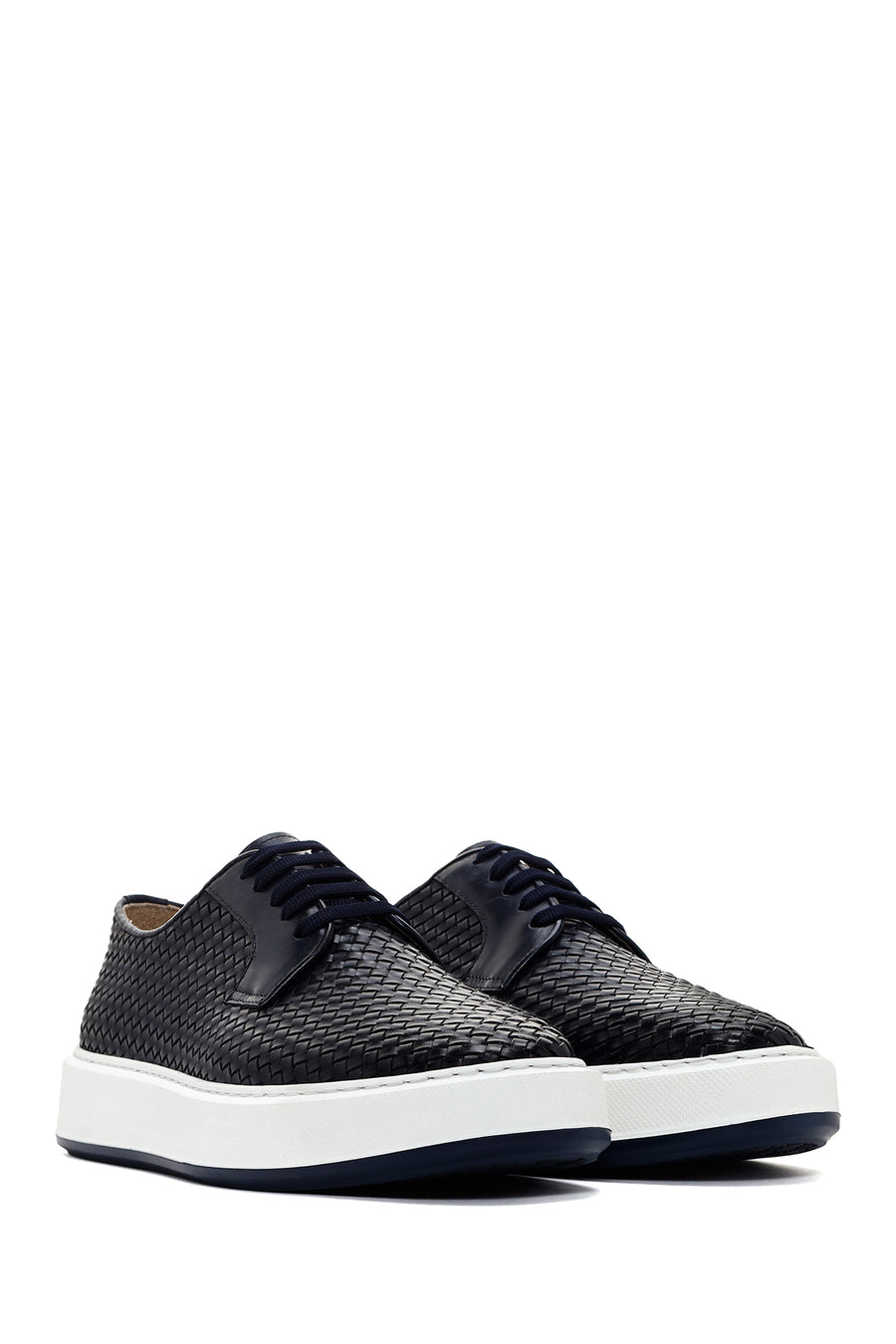 Men's Navy Blue Lace-Up Knitted Leather Casual Shoes