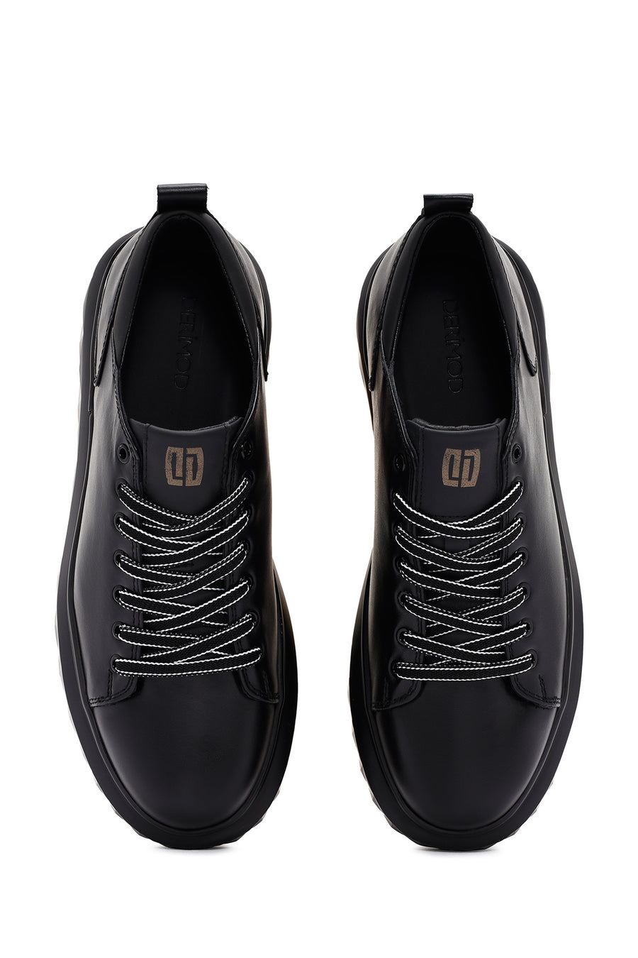 Erkek Siyah Kalın Tabanlı Bağcıklı Deri Sneaker